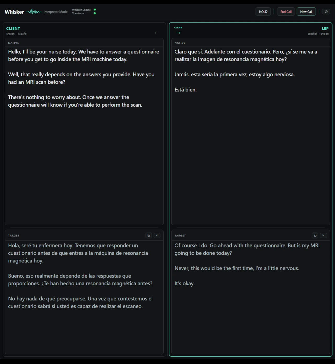 Whisker Interpreter Mode showing separate Client and LEP panels, each with Native transcription and Target reference translation